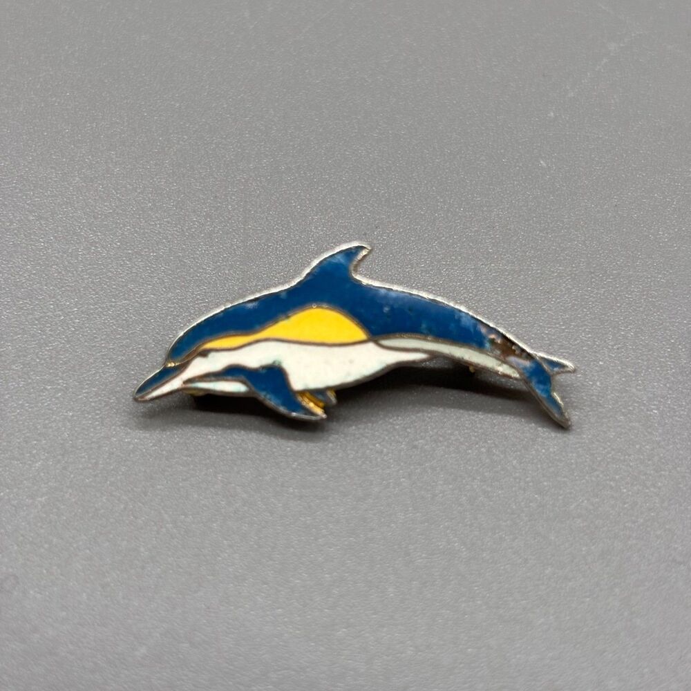 Vintage William Spear Dolphin Pin Enamel Brooch 1987 Blue Yellow Gold Tone